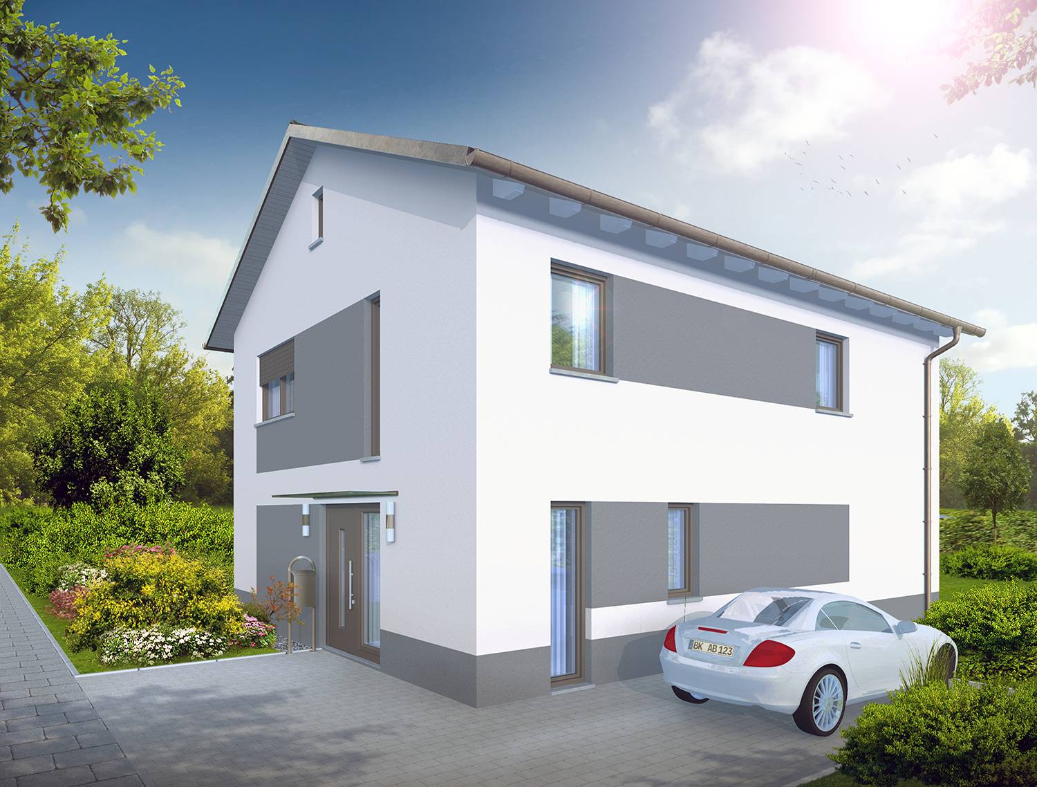 Architekturvisualisierung der Eingangssituation des Neubaus eines Einfamilienhauses. Visualisiert für die Firma R+S Immobilien GmbH aus Oberasbach/Bayern (Jahr 2022)