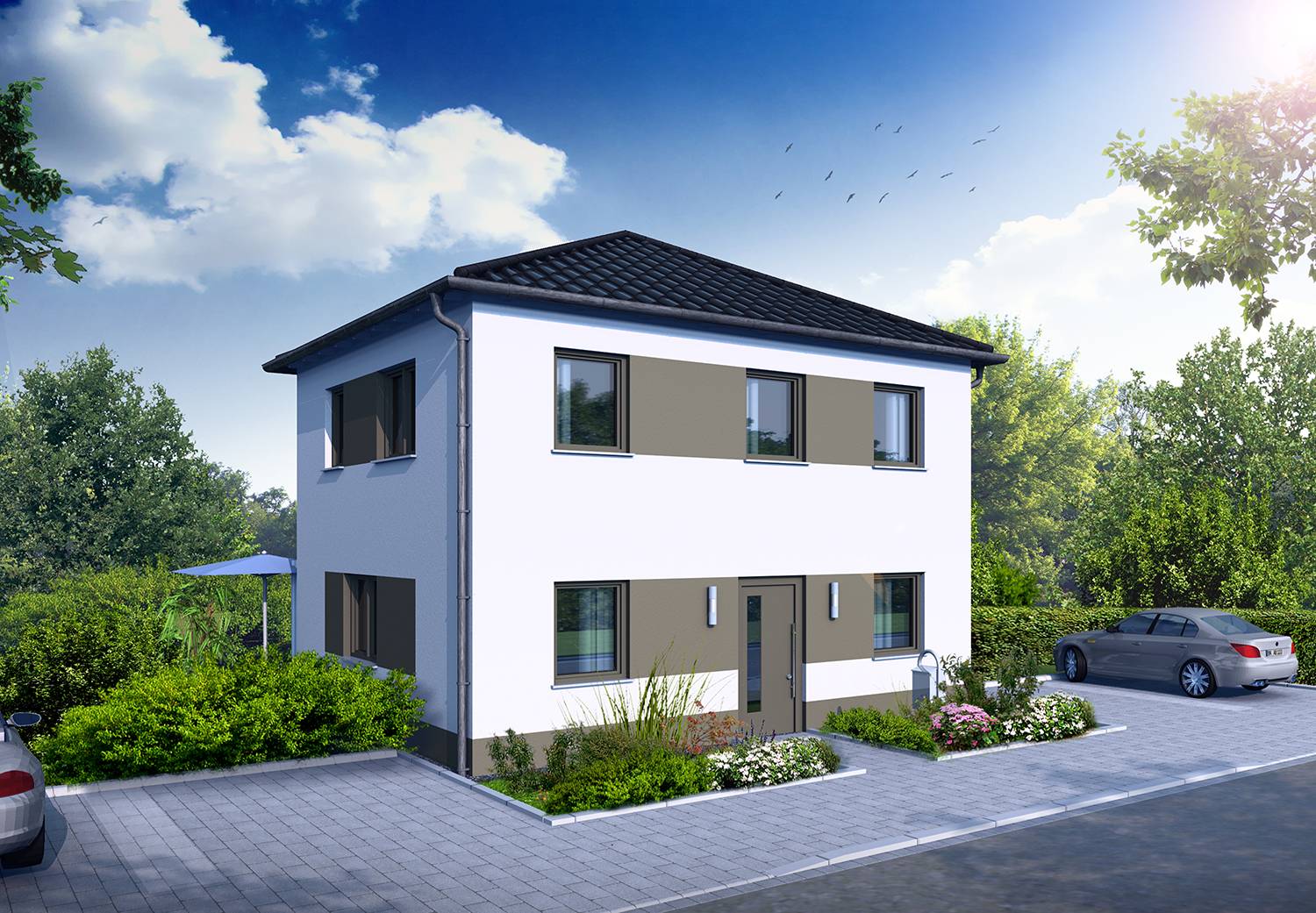 Architekturvisualisierungen Straßen-/Eingangssituation eines Einfamilienhauses mit Zeltdach erstellt für die Firma MOSELBAU - SCHLÜSSELFERTIGES BAUEN - GMBH im Jahre 2023.