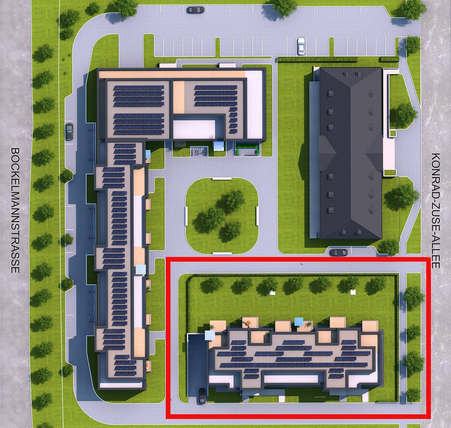 Architekturvisualisierung des 3D-Lageplans eines Wohnblocks zum Bauvorhaben von Neubau eines Wohngebäudes mit 22 Wohneinheiten und Tiefgarage in Konrad-Zuse-Allee 10, 21337 Lüneburg. Erstellt für JaKa Bauträger GmbH & Co. KG in 21382 Brietlingen im Jahre 2023
