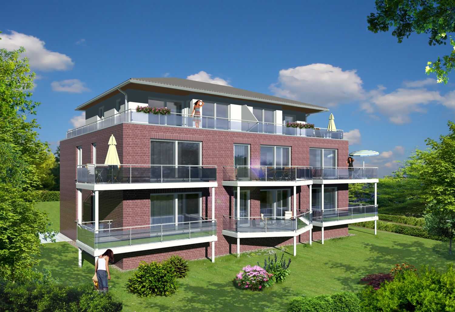 3D-Architekturvisualisierungen vom Neubau eines Mehrfamilienhauses (hier die Balkonen- Terrassenperspektive) in Strandhausallee 23, 27476 Cuxhaven erstellt im Jahre 2008 für DEMA-Baumanagement GmBH aus 27753 Delmenhorst