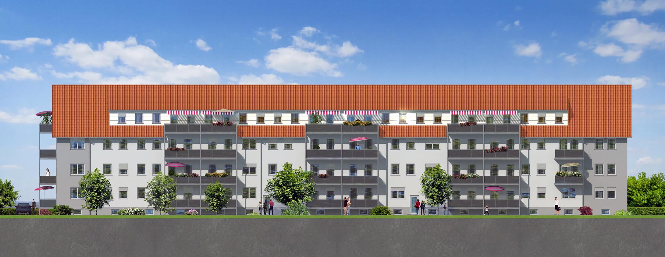 Architektur Visualisierung der frontal-Ansicht der Südfassade des Mehrfamilienhaus-Neubaus in Uferstraße 16, 73084 Salach, visualisiert für ORYX WERBEAGENTUR aus Göppingen (Jahr 2012)