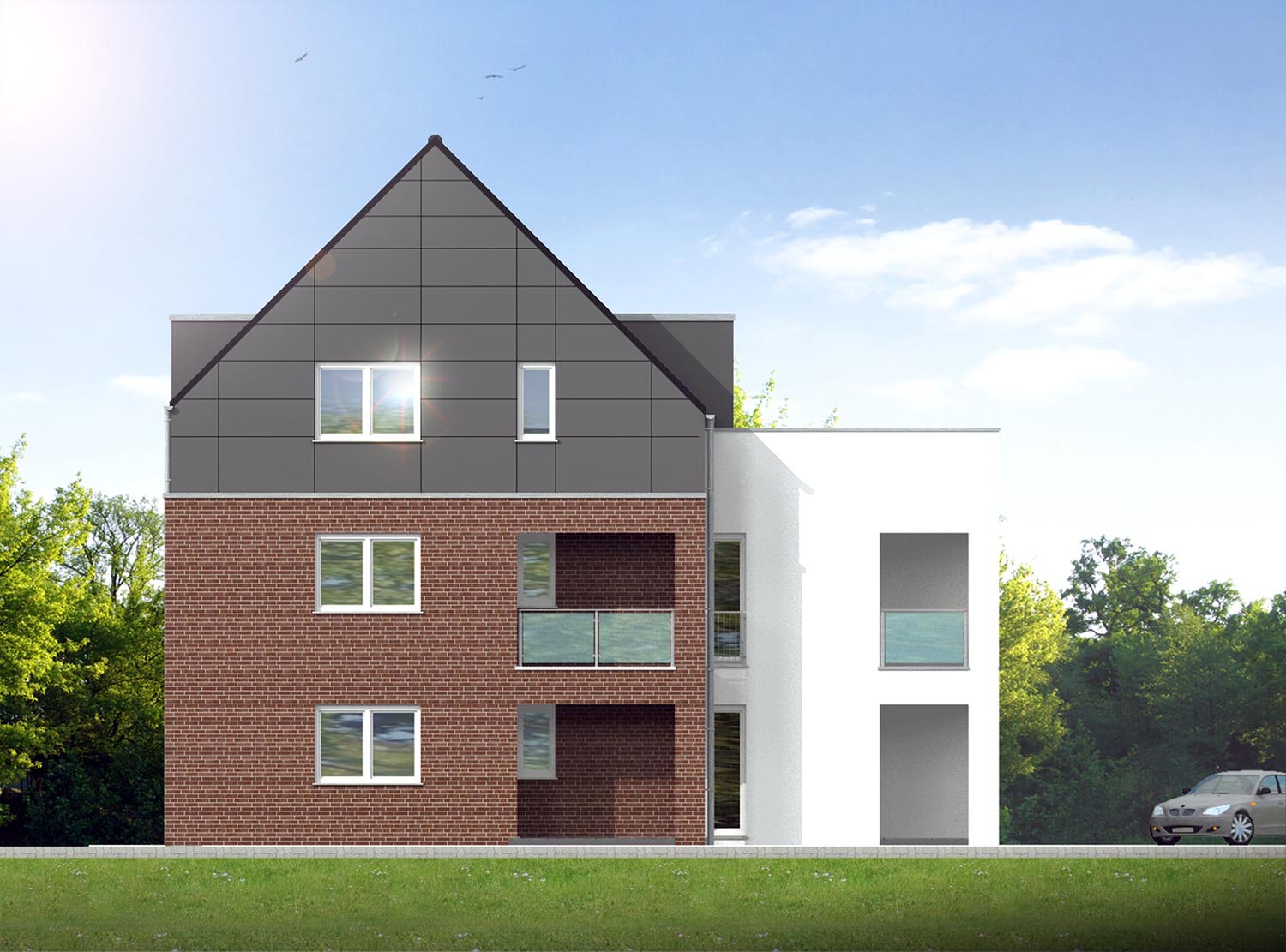 2D Architekturvisualisierung der West-Ansicht für Neubau eines Mehrfamilienhauses hergestellt für H+F Hilbers-Bau und Handelsges. mbH & Co. KG Oststraße 6, 48301 Nottuln (Jahr 2018)