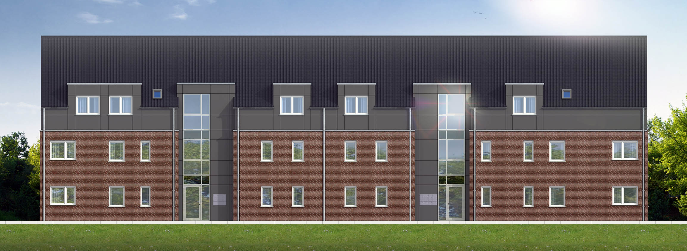 2D-Architekturvisualisierungen der Eingangsseite  von Mehrfamilienhaus gerendert in 2,5D für Bauunternehmen H+F Hilbers-Bau und Handelsges. mbH & Co. KG Oststraße 6, 48301 Nottuln (Jahr 2018)
