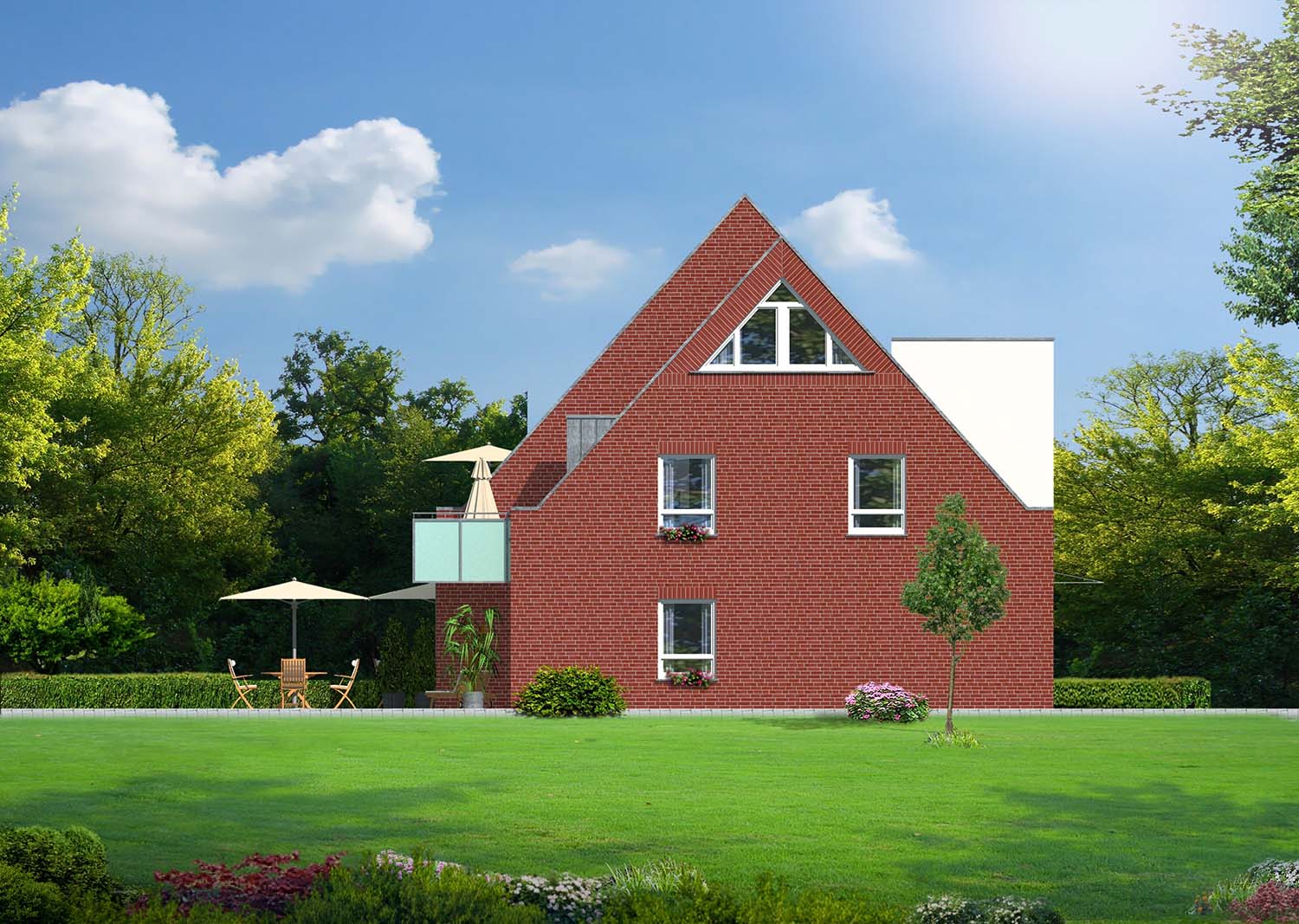 2,5D Architektur-Aufmaß der Nord-Ost-Ansicht des Neubaus eines 4-Familien Wohnhauses in Lüdinghausen, Tüllinghofer Str.3, erstellt für H+F Hilbers-Bau und Handelsges. mbH & Co. KG Oststraße 6, 48301 Nottuln (Jahr 2013)