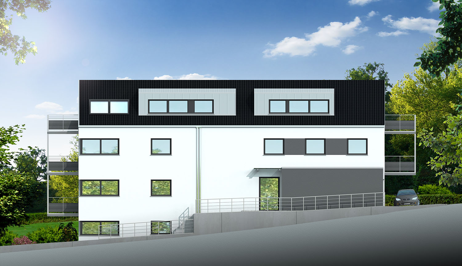 2D-Illustration aus einer 3D-Visualisierung: Frontal-Ansicht der Südfassade des Neubaus eines 5-Familien-Hauses in Winnenden-Baach erstellt für Architekturbüro ARCdesign GmbH aus Remseck (Jahr 2017)