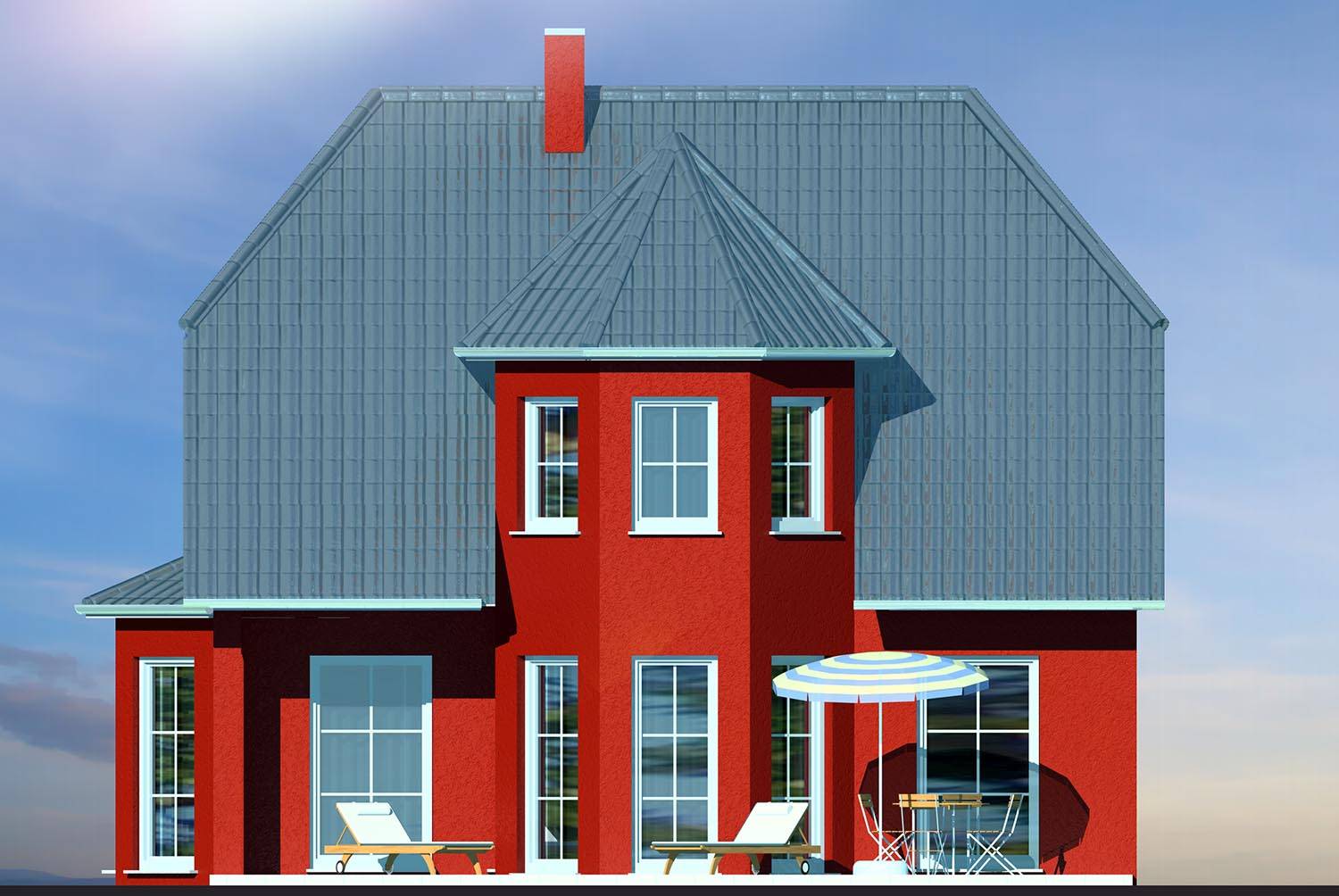 2D-Terrassenanicht eines Einfamilien-Turmhauses