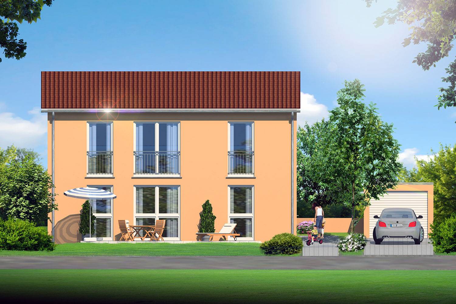 2D-Gartenansicht eines Einfamilienhauses