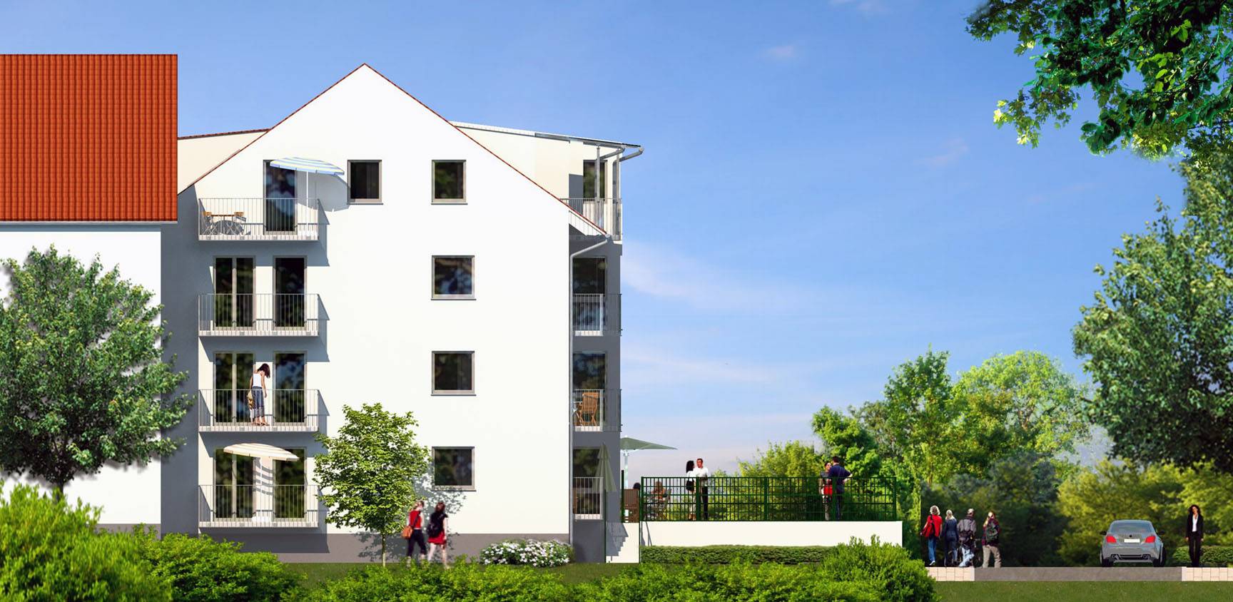 Seitenansicht in 2D der Giebelseite eines Mehrfamilienhauses