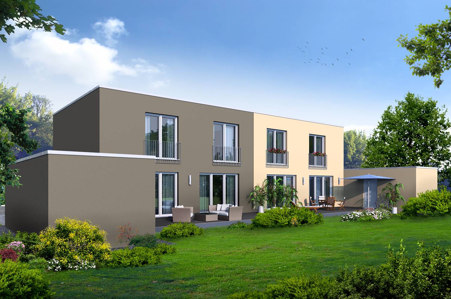 3D-Architektur-Rendering der Gartenperspektive der Neuerrichtung von zwei Doppelhaushälften mit Flachdächern und mit zwei PKW-Garagen in 52353 Düren, Fritz-Pley-Straße. Die perspektivischen Ansichten der Garten- und der Straßenseite dieses Doppelhauses wurde im Jahre 2025 von der Firma AlBa Düren GmbH aus 52349 Düren beauftragt. Hier ist die Gartenperspektive der Doppelhaushälften dargestellt.