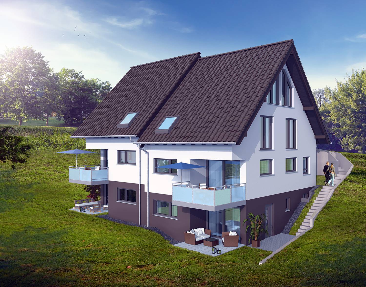 3D-Architekturvisualisierung des Bauvorhabens von 2 Doppelhaushälften mit Einliegerwohnungen mit Carports und Stellplätzen in steiler Hanglage. Das Bauvorhaben ist für 77883 Ottenhöfen, Kastanienweg, Flrstr. 3rendering-versetztes-doppelhaus-1500-6990 angesetzt. CGI-Renderings mit Retusche samt 3 Korrekturgänge wurden von DomConcept GmbH aus 76537 Sinzheim im Jahre 2022 beauftragt. Hier ist die Terrassen-Gartenseite abgebildet.