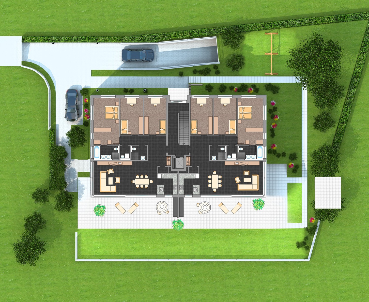 Architekturvisualisierung Grundriss und zugleich 3D Lageplan für Neubau eines Mehrfamilienhauses in alte Landstrasse 58, 8706 Meilen, Schweiz (Jahr 2012) für Wirnsperger Uternehmungen