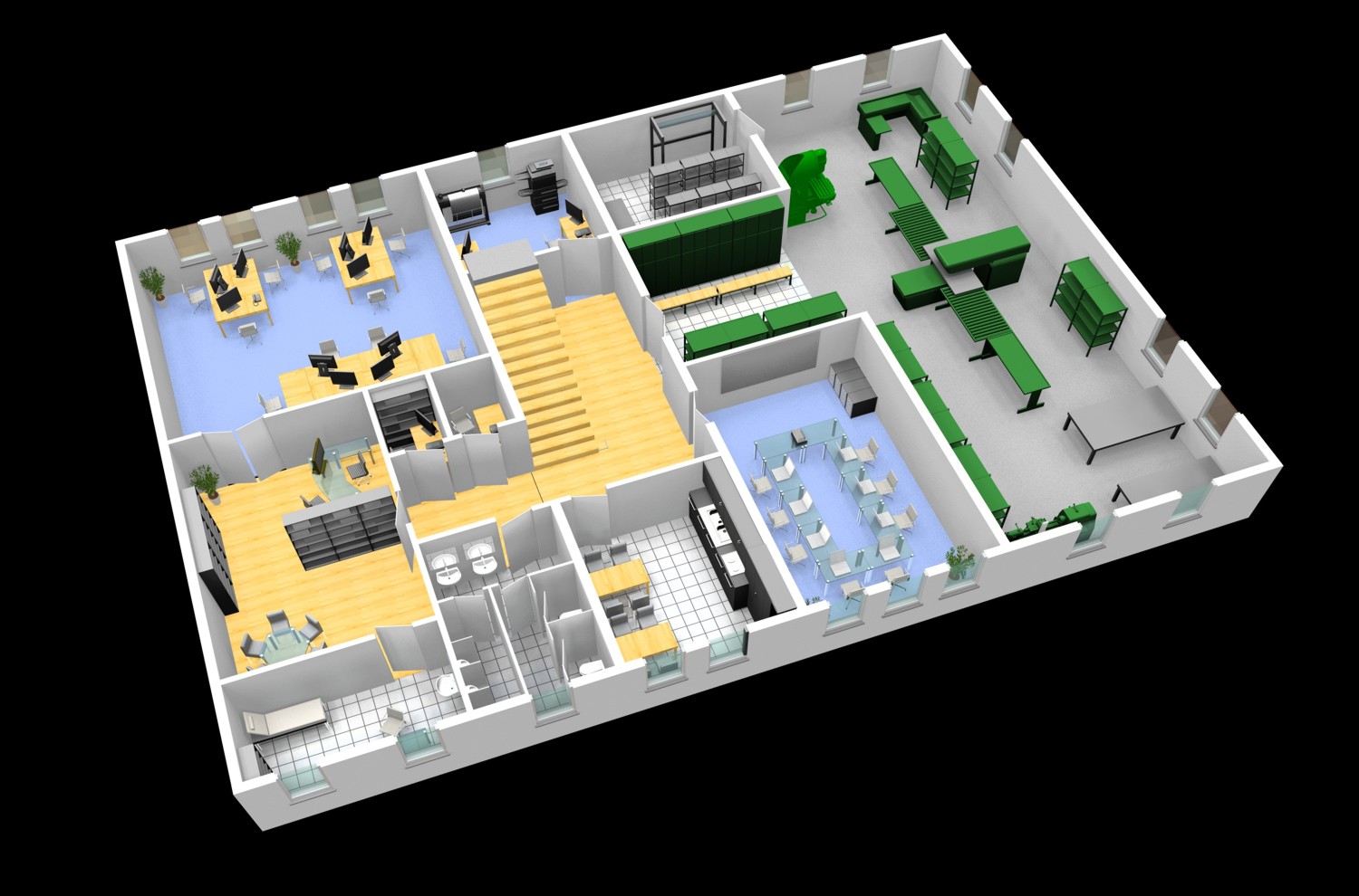 Architekturvisualisierung / Entwurf 3D Perspektive Grundriss / Ebene eines Werkstatt- und Bürogebäudes für PBS Deutschland GmbH & Co. KG (Jahr 2011)