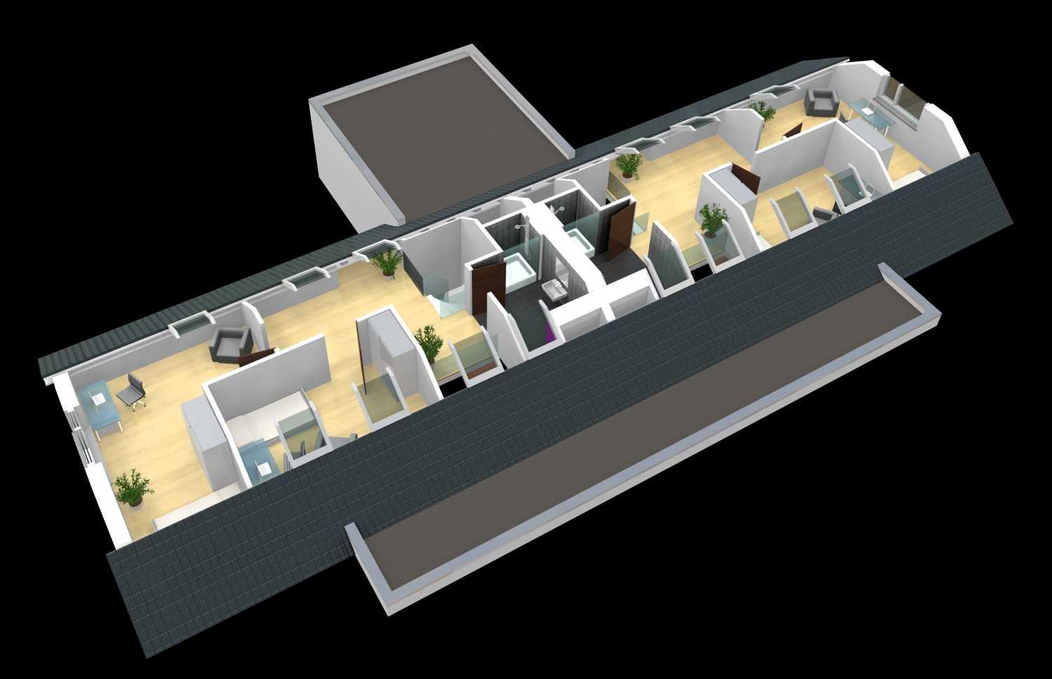 Architekturvisualisierung 3D-Grundriss der Dachgeschoss-Ebene eines Mehrfamilienhauses für Bau Invest aus Herrenberg (Jahr 2012)