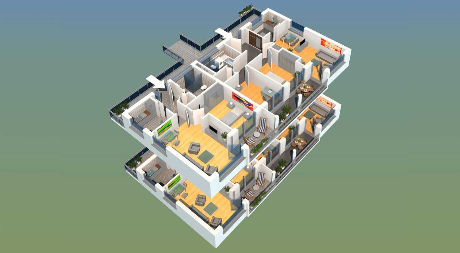 Architektur Visualisierung 3D Grundriss 2 Geschosse Mehrfamilienhaus für Architekturbüro Münzel (Jahr 2008)
