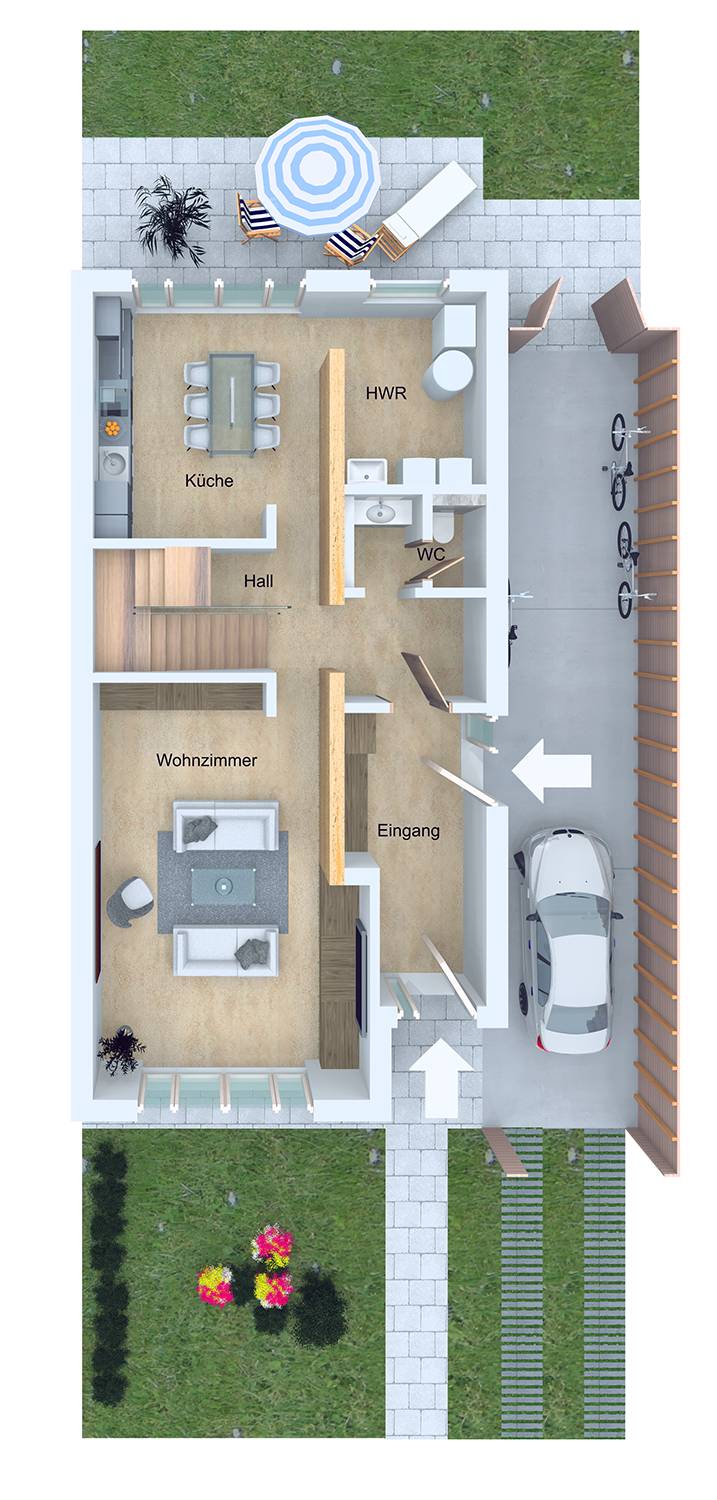 Architekturvisualisierungen von 3D Grundrissen Obergeschoss Neubau Doppelhaus für PR Immobilien / München (Jahr 2021)