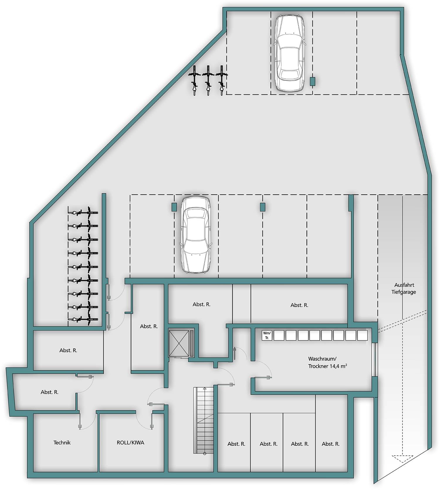 2D-Illustration eines Grundrisses vom Untergeschoss mit Tiefgarage und Einfahrtsrampe eines Mehrfamilienhauses. Erstellt im Rahmen des Auftrages für 3D-Architektur-Visualisierungen und 2D-Grundrissillustrationen des Bauvorhabens MFH Bollengässle, Dagersheim für die Firma mmb-bauen aus Steinenbronn im Jahre 2021