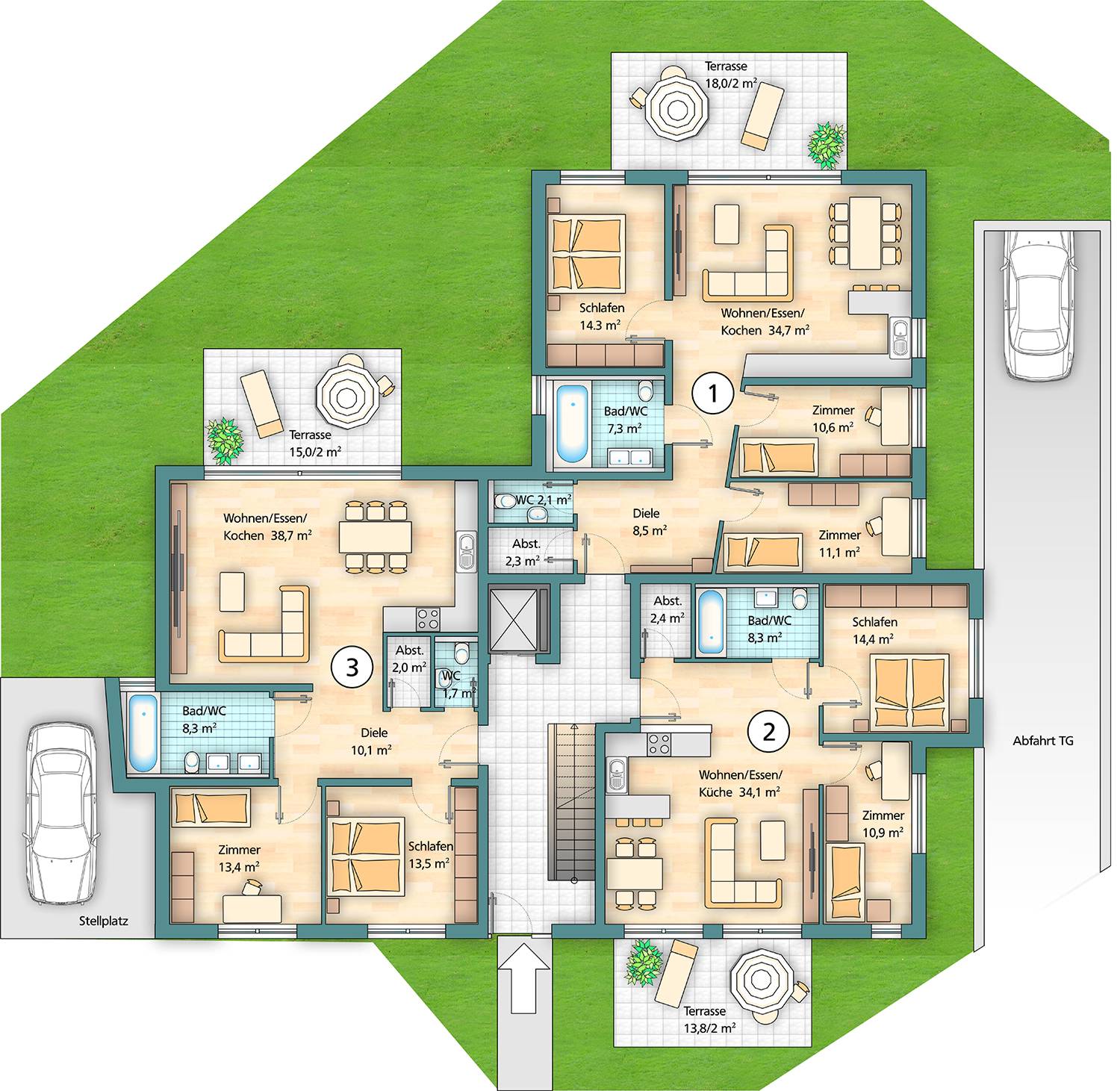2D-Illustration des Erdgeschoss-Grundrisses mit Lageplan/Aussenanlagen eines Mehrfamilienhauses. Erstellt im Rahmen des Auftrages für 3D-Architekturvisualisierung und 2D-Grundrissillustrationen des Bauvorhabens MFH Bollengässle, Dagersheim für die Firma mmb-bauen aus Steinenbronn (Jahr 2021)