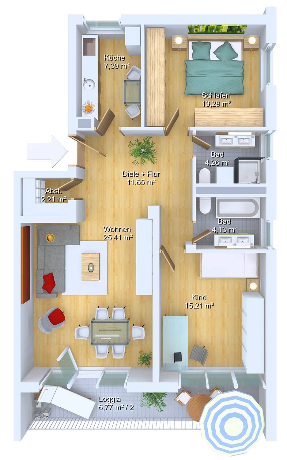 Visualisierungen eines 3D Grundrisses einer Wohneinheit in einem Mehrfamilienhaus. Erstellt für PR Immobilien / München im Jahre 2021