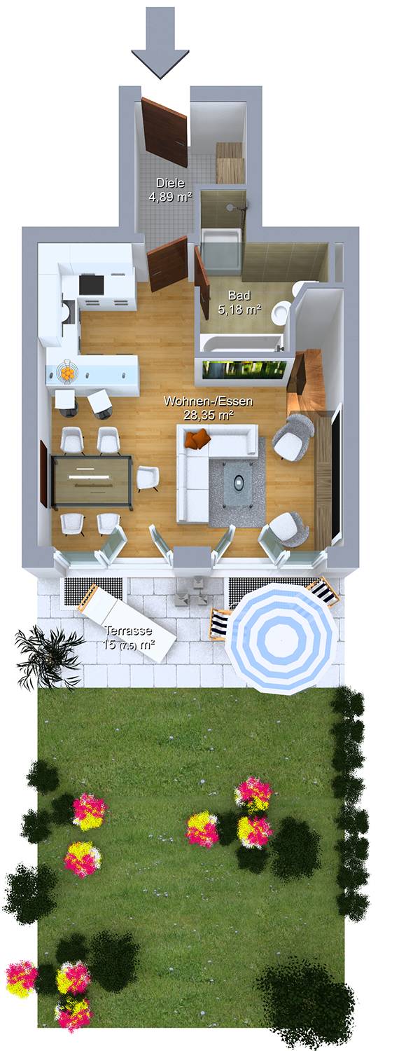 Architekturvisualisierung eines 3D Grundrisses mit Gagrtenanteil der Mittelwohnung im Erdgeschoß eines Mehrfamilienhauses. Erstellt für PR Immobilien / München (Jahr 2022)
