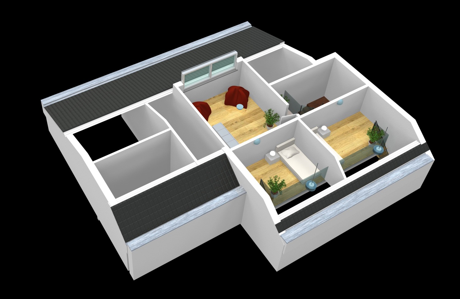 3D Architekturvisualisierung Grundriss Dachgeschoss für interaktives Touch-Display mit Licht-, Jalousien-Steuerung eines e-houses für iTrain GmbH, Switzerland (Jahr 2009)