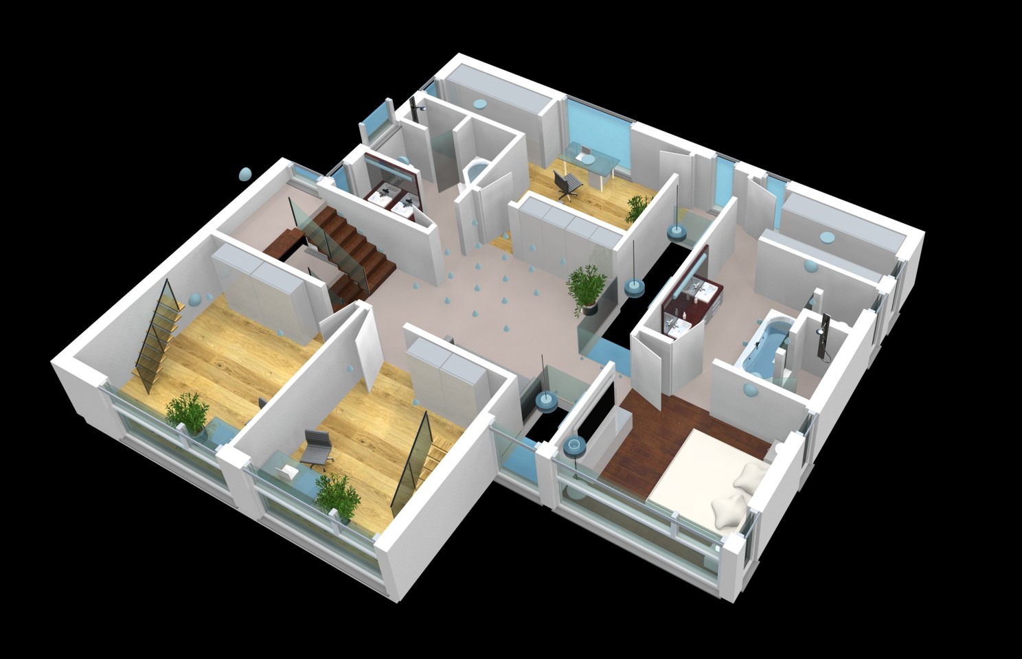 Architekturvisualisierung 3D-Grundriss des 2 Obergeschosses eine Einfamilienhauses für interaktive Touch-Displays mit interaktiven Licht-, Jalousien-Steuerung eines e-houses für iTrain GmbH, Switzerland (Jahr 2009)