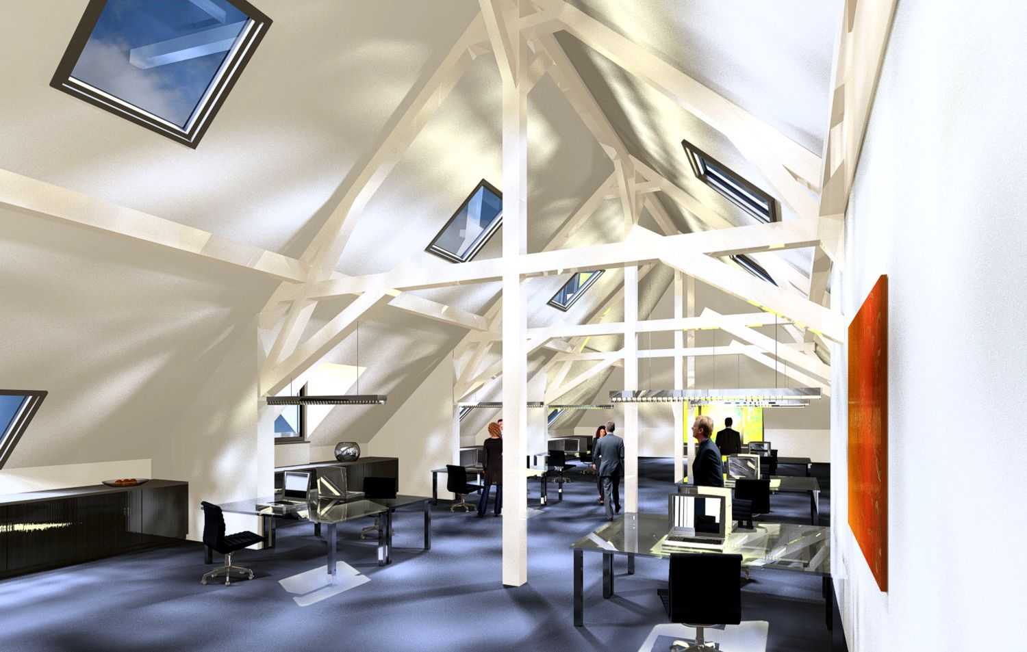 3D Architektur Visualisierung Ausbau eines Dachstuhls in Büroräumlichkeiten für Weber + Lang Architekten GmbH aus Hersbruck. Jahr 2008