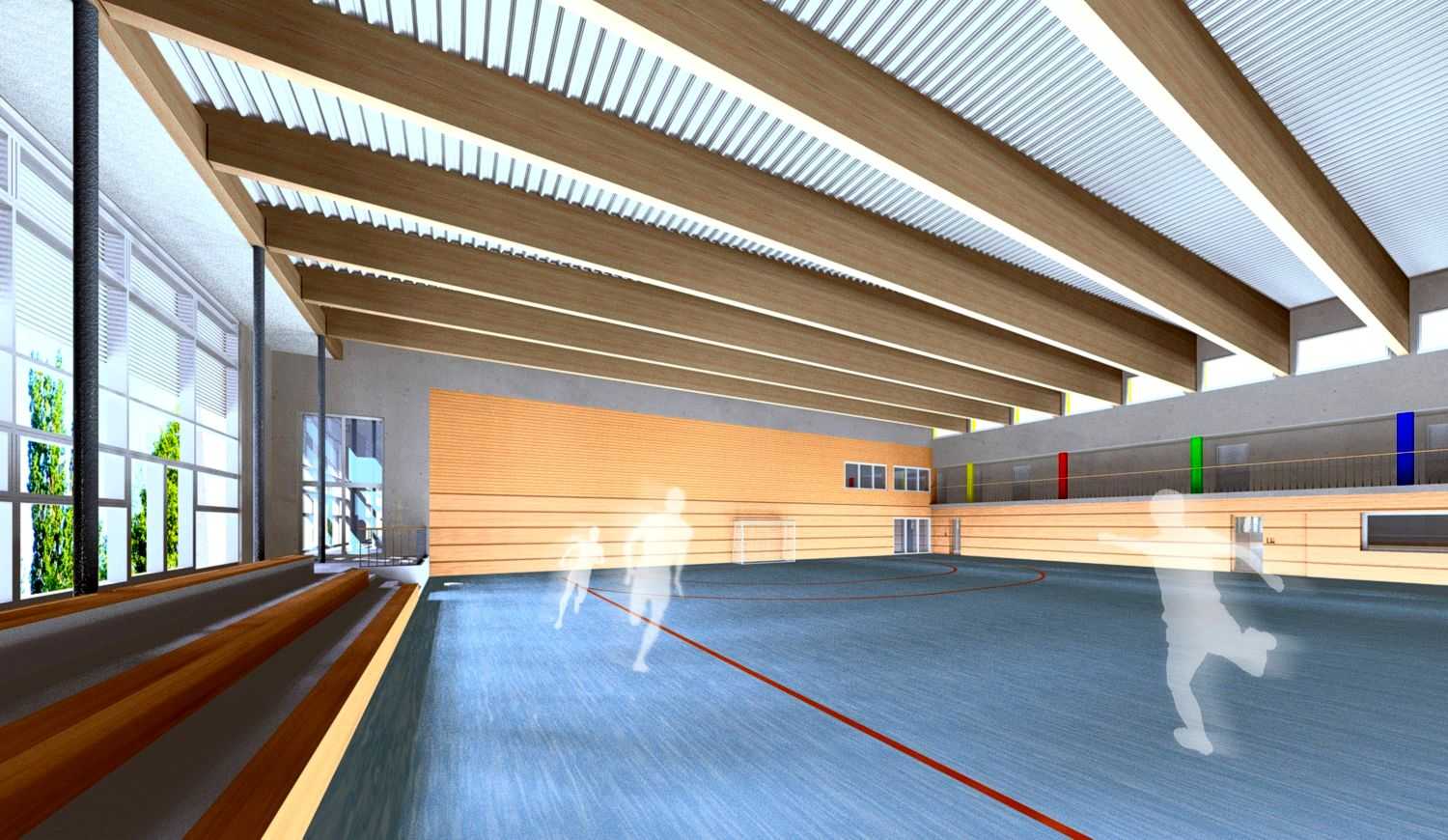 Architekturvisualisierung Innenansicht Neubau Sporthalle Ehningen für Architektur-Planen-Schedl. Jahr 2010