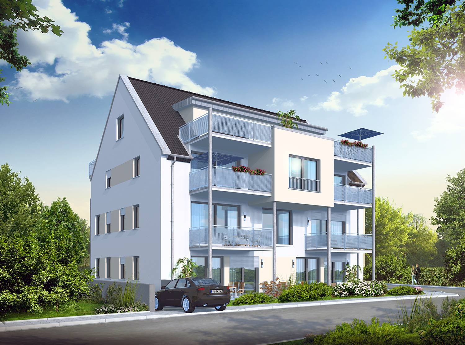 Architekturvisualisierung Straßenansicht vom Süd-Westen des Umbaus und der Sanierung von 2 Mehrfamilienhäusern in Herlikofen, Schwäbisch Gmünd. Visualisiert für die Firma Dincel Projektbau GmbH im Jahre 2022
