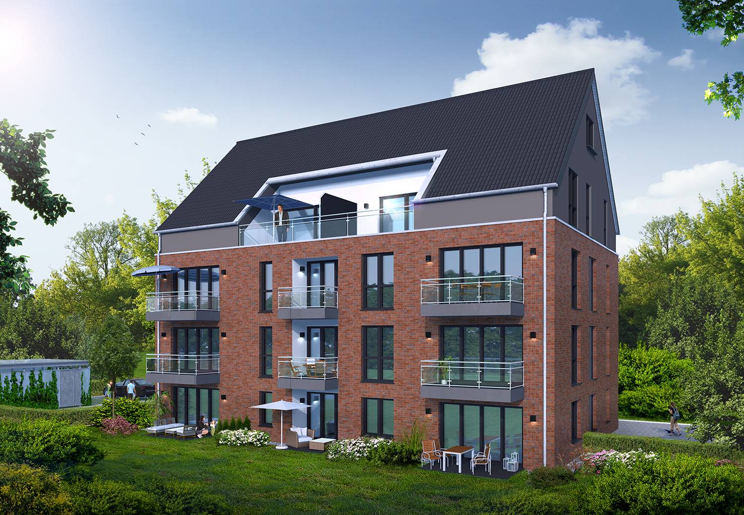 Architekturvisualisierung Balkonen-/Terrassenblick eines Neubaus des Mehrfamilienhauses mit 11 WE und Abstellräumen in Kirchweg 65, 24558 Henstedt-Ulzburg. Visualisierung wurde von der Firma ProQuartis GmbH aus 48527 Nordhorn im Jahre 2022 beauftragt.