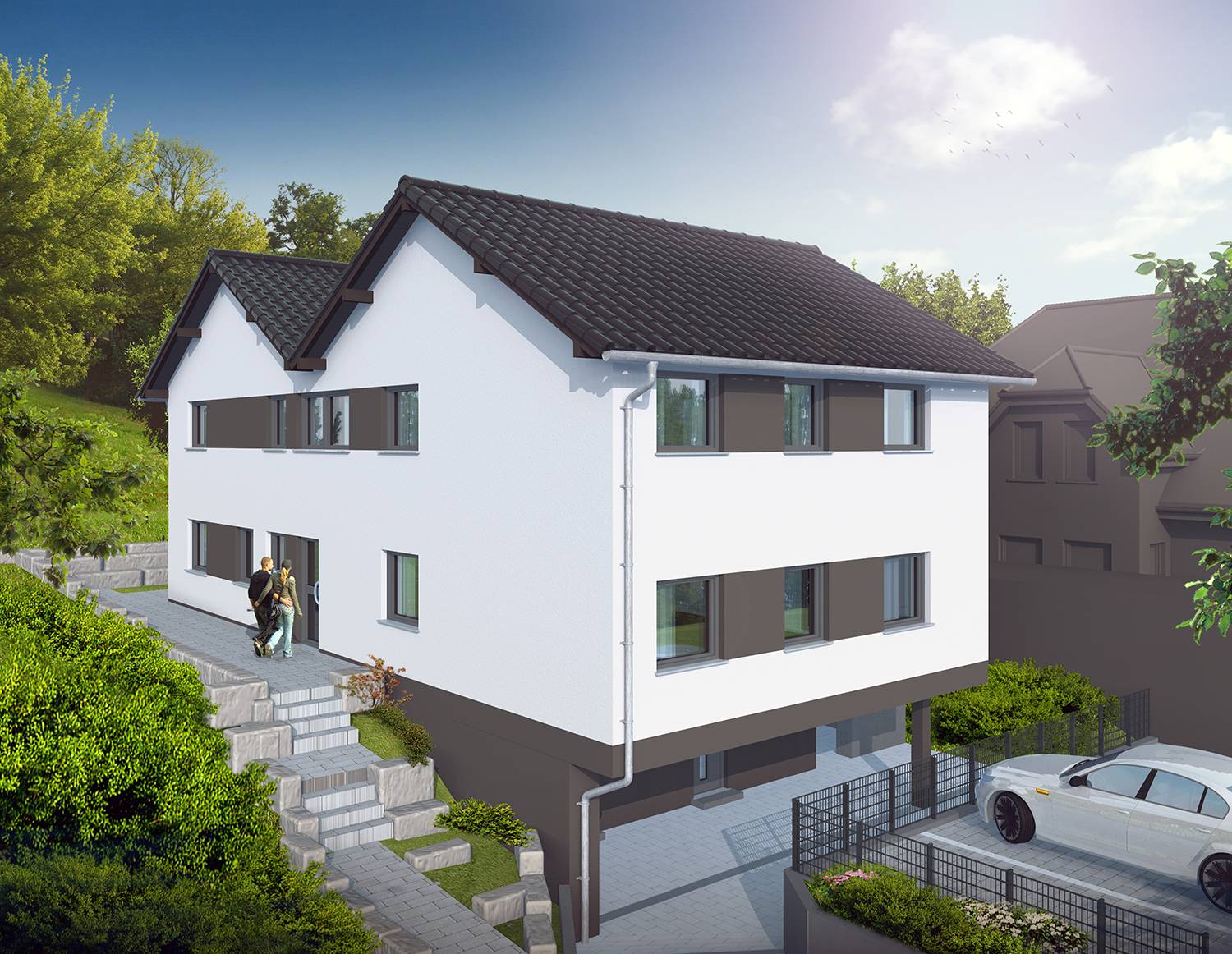 3D-Architekturvisualisierungen der Eingangssituation mit der Zufahrt des Neubaus eines 3-Familenhauses in Sebastian Kneipp Str. 28, 57627 Hachenburg. Visualisierungen erstellt für die Dr. Rein & Meyer GmbH im Jahre 2022.