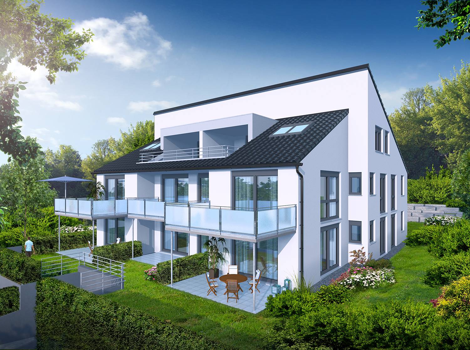 3D-Visualisierungen von Bauvoranfrage des Bauvorhabens von zwei Mehrfamilienhäusern MFH in  Talstraße, Maichingen. Diese Architekturvisualisierung wurde für die Firma mmb aus 71144 Steinenbronn im Jahre 2022 visualisiert.