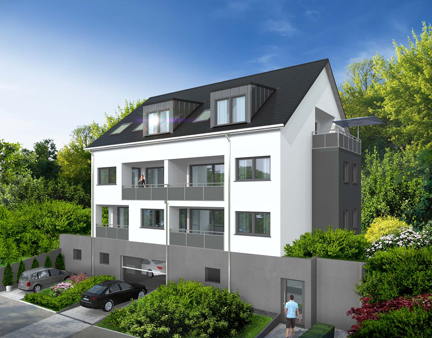 3D Architektur Visualisierung Bauvorhaben Neubau 5-Familien-Haus in Hanglage für B+W Hausbau GmbH, Remseck (Jahr 2020)