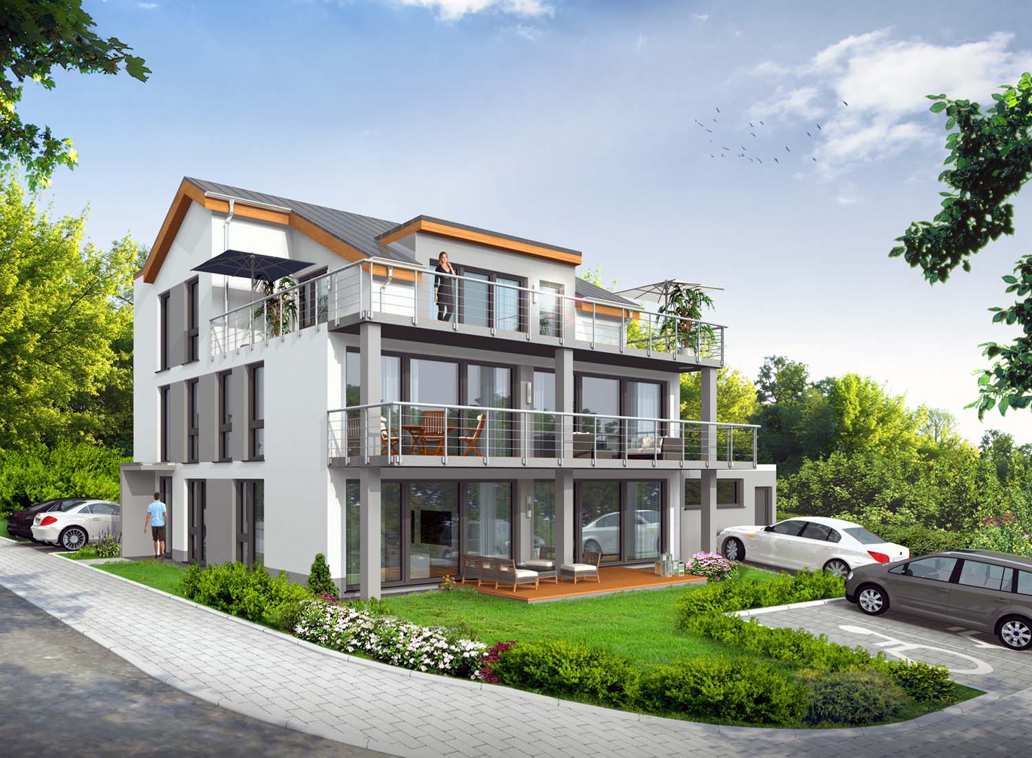 3D - Architektur Visualisierung Terrassen-/Balkonenseite Neubau Mehrfamilienhaus in Oestrich-Winkel für Arora UG / Frankfurt a. Main (Jahr 2020)