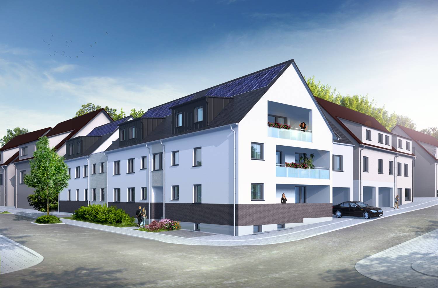 3D Architekturvisualisierung Wohnanlage aus mehreren Mehrfamilienhäusern für KF Immobilien GmbH aus 71088 Holzgerlingen