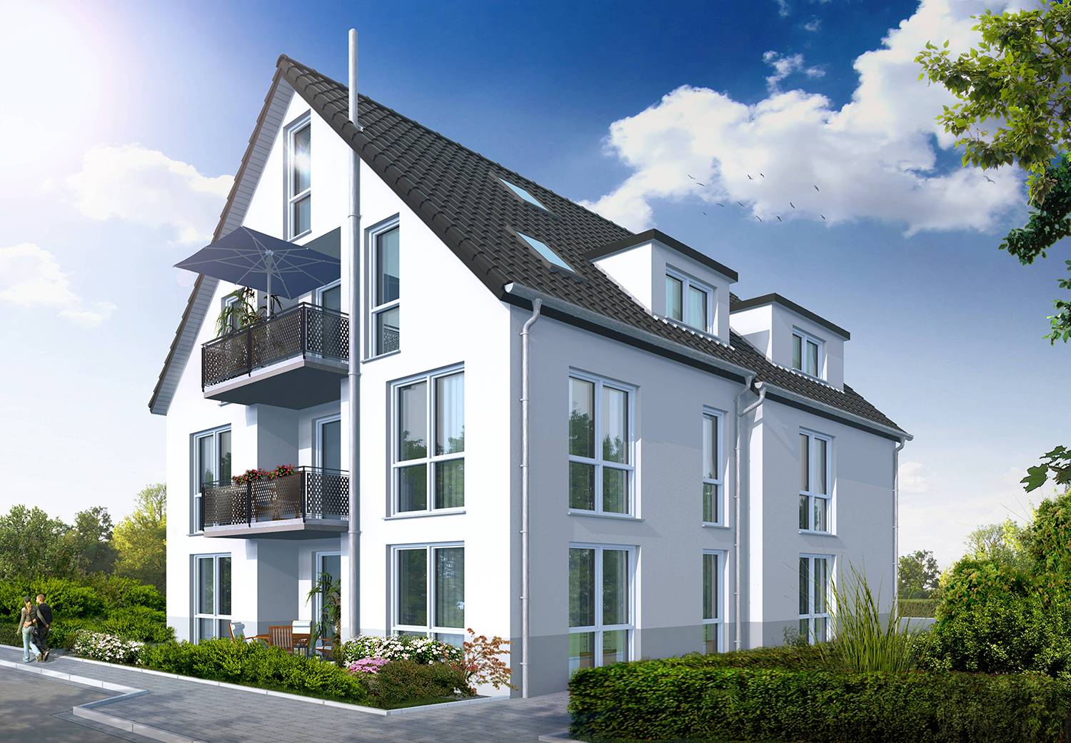 Architekturvisualisierung Süd-West-Perspektive Bauvorhaben Mehrparteienhaus in Filderstadt-Bonlanden, Kreuzstr. 10, für Bemmerer Wohnbau & Immobilien GmbH, Neuenstein (Jahr 2021)
