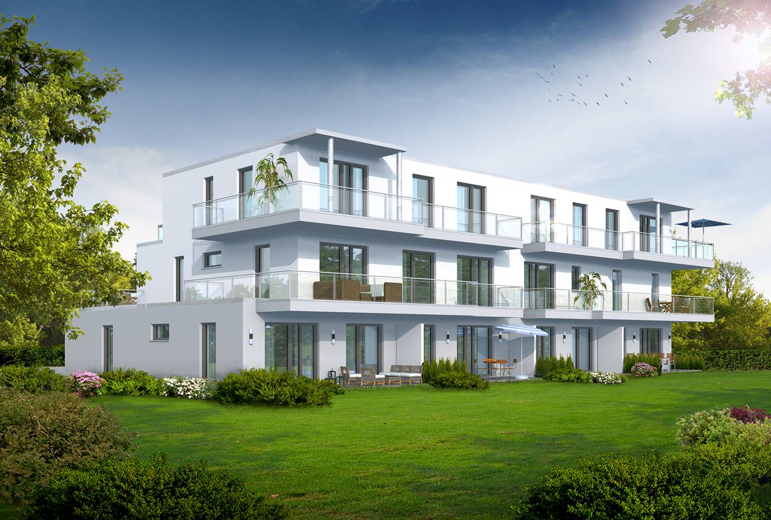 Entwurf Mehrfamilienhaus. Architekturvisualisierung der Garten-/Terrassenseite, visualisiert für OBS-Teccadus GmbH (Jahr 2021)