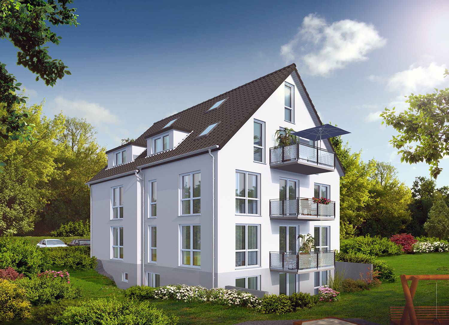 Architekturvisualisierung Perspektive Terrassenseite mit Spielplatz Neubau Mehrfamilienhaus in Filderstadt-Bonlanden, Dinkelstr. 4, für Bemmerer Wohnbau & Immobilien GmbH, Neuenstein (Jahr 2021)