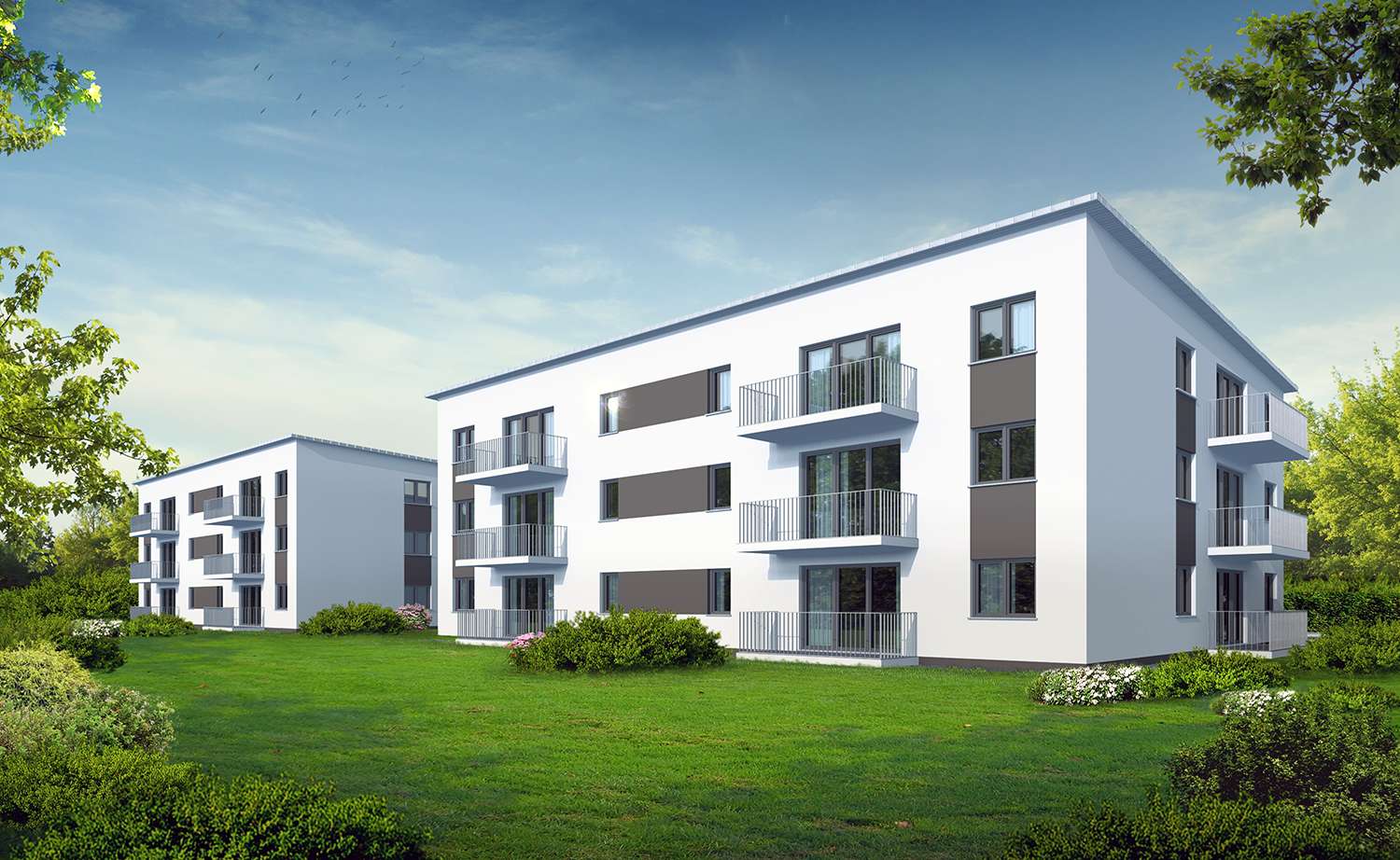 Architekturvisualisierungen Mehrfamilienhaus-Anlage bestehend aus 2 MFH visualisiert für Harsch Bau Immobilien GmbH aus 74532 Ilshofen (Jahr 2021). Hier die Terrassen-/Balkonenperspektive abgebildet