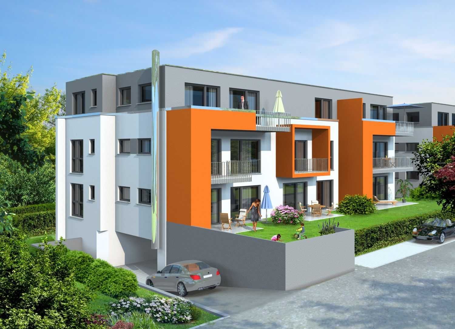 Architekturrendering Bauvorhaben Reihenhäuser Frankenhauser Telawiallee in Biberach. Bestellt von der Werbeagentur Kaller & Kaller GdbR aus Nürnberg im Jahre 2011. Hier die Terrassenseite des Bauvorhabens.