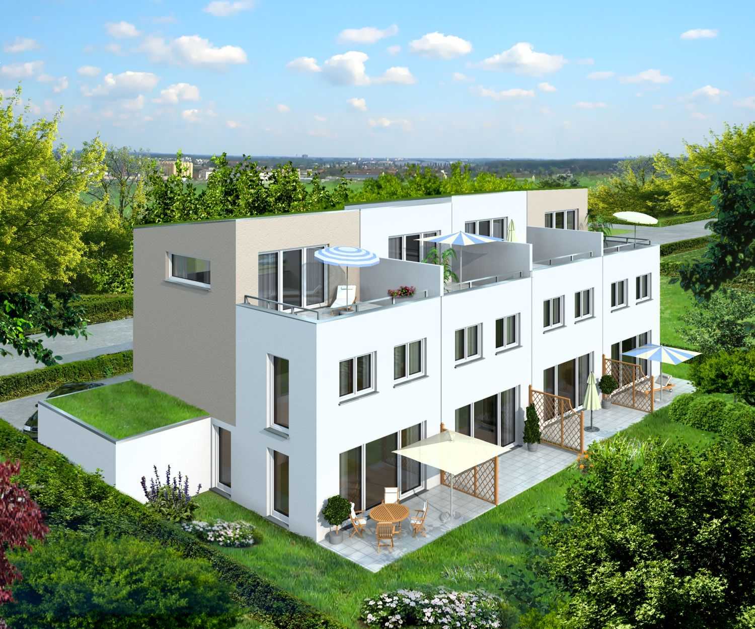 3D Architektur-Visualisierung der Bebauung bestehend aus 3 Reihenhäusern in Else-Kienle-Weg, 71069 Maichingen. Dieses Rendering wurde von der Kommunalen Wohnbau Ehningen GmbH aus 71139 Ehningen auf Veranlassung des Architekturbüros Architektur+Planen Schedl GmbH in Marktplatz 1, in 71139 Ehningen im Jahre 2011 beauftragt.