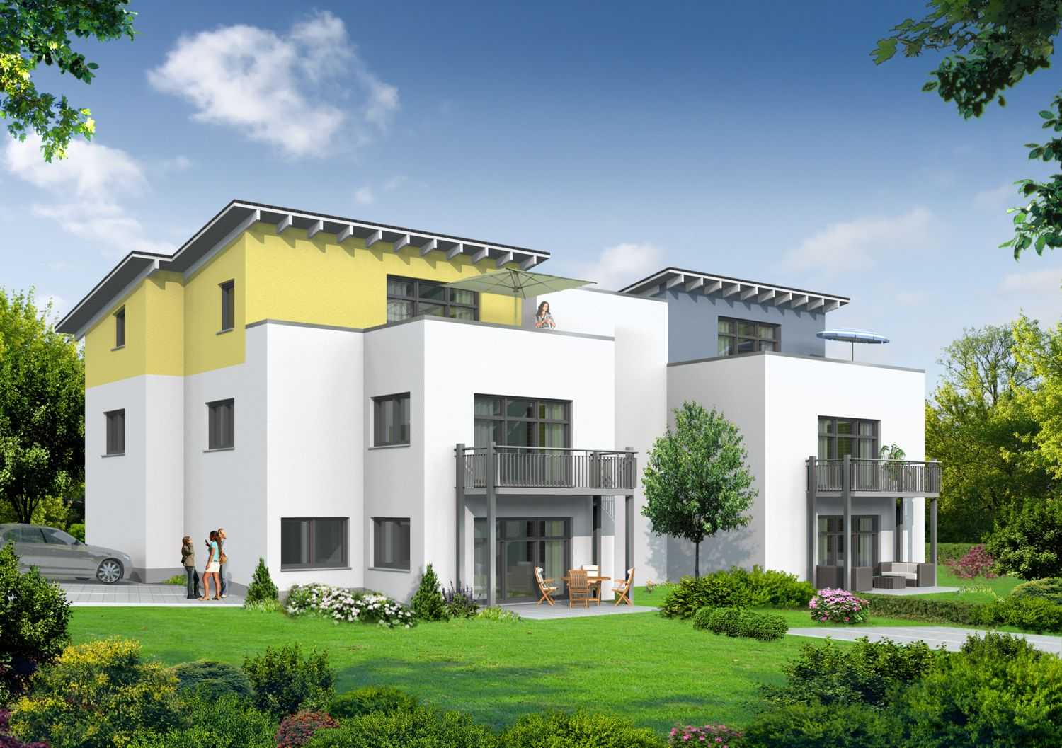3D-Visualisierung des Neubaus von 2 Wohnhäusern in 56470 Bad Marienberg, Kantsraße 11. Dieses Rendering wurde von der Firma Imo Plus GmbH aus 56470 Bad Marienberg im Jahre 2014 beauftragt. Hier sind die Terrassenseite und der Gartenanteil des imposanten Reihenhauses dargestellt.