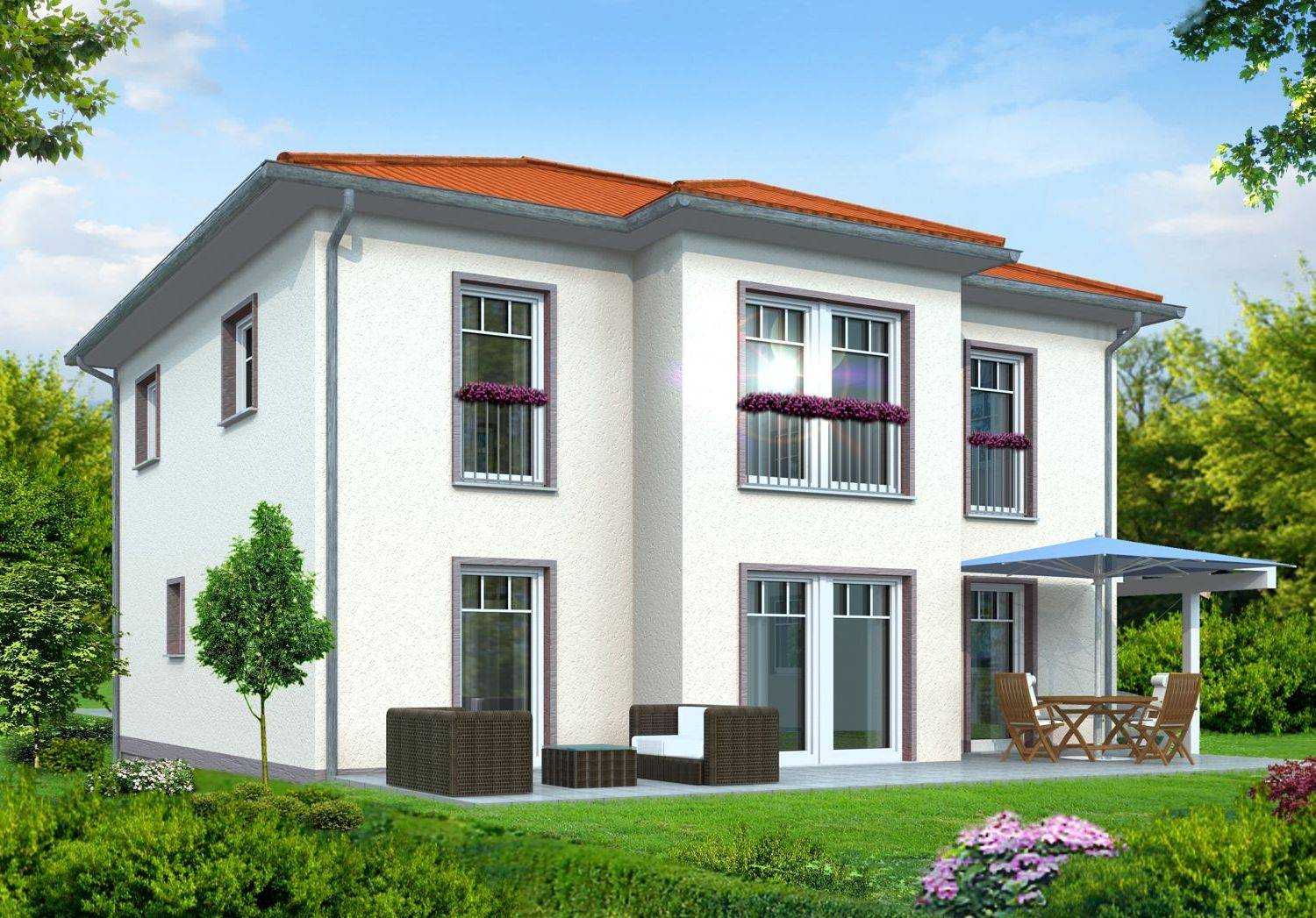Architektur-Visualisierung einer Villa mit Terrasse. Dieses Rendering wurde von der Firma RICHTER HAUS GMBH aus 39340 HALDENSLEBEN im Jahre 2010 für die Erstellung eines Fertighauskataloges beauftragt. Hier die Trrassenansicht des Einfamilienhauses.