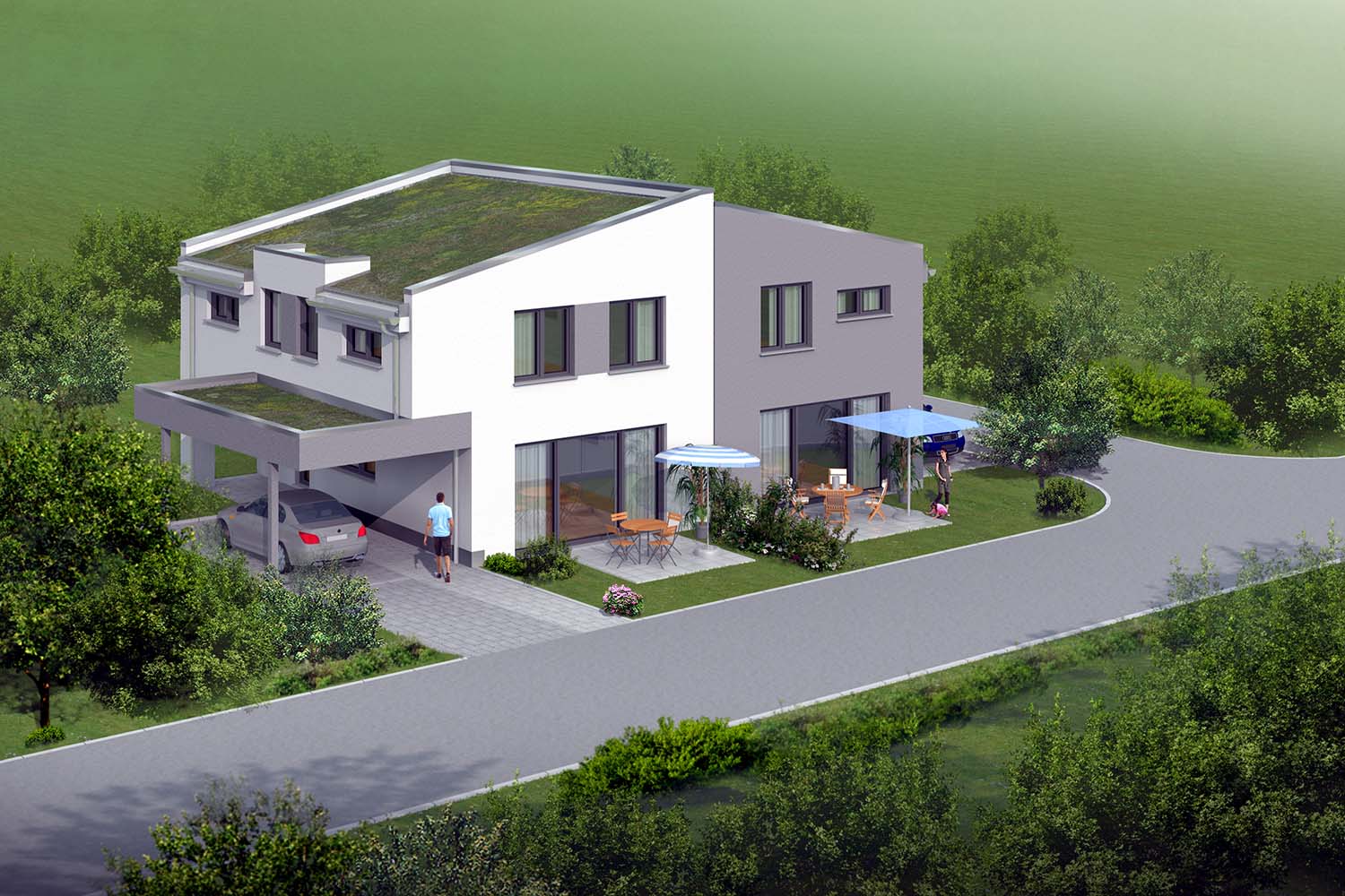 3D-Architekturvisualisierungen der Straßenseite des Bauvorhabens von einem Doppelhaus mit Einliegerwohnungen und dazu gehörenden Stellplätzen und Carports an den Hauseingängen. Die steile Hanglage erforderte eine besondere Planung des Projektes. Das Bauvorhaben wird in 77883 Ottenhöfen, Kastanienweg, Flrstr. 390 stattfinden. Die Visualisierung wurde von DomConcept GmbH aus 76537 Sinzheim im Jahre 2022 in Auftrag gegeben.