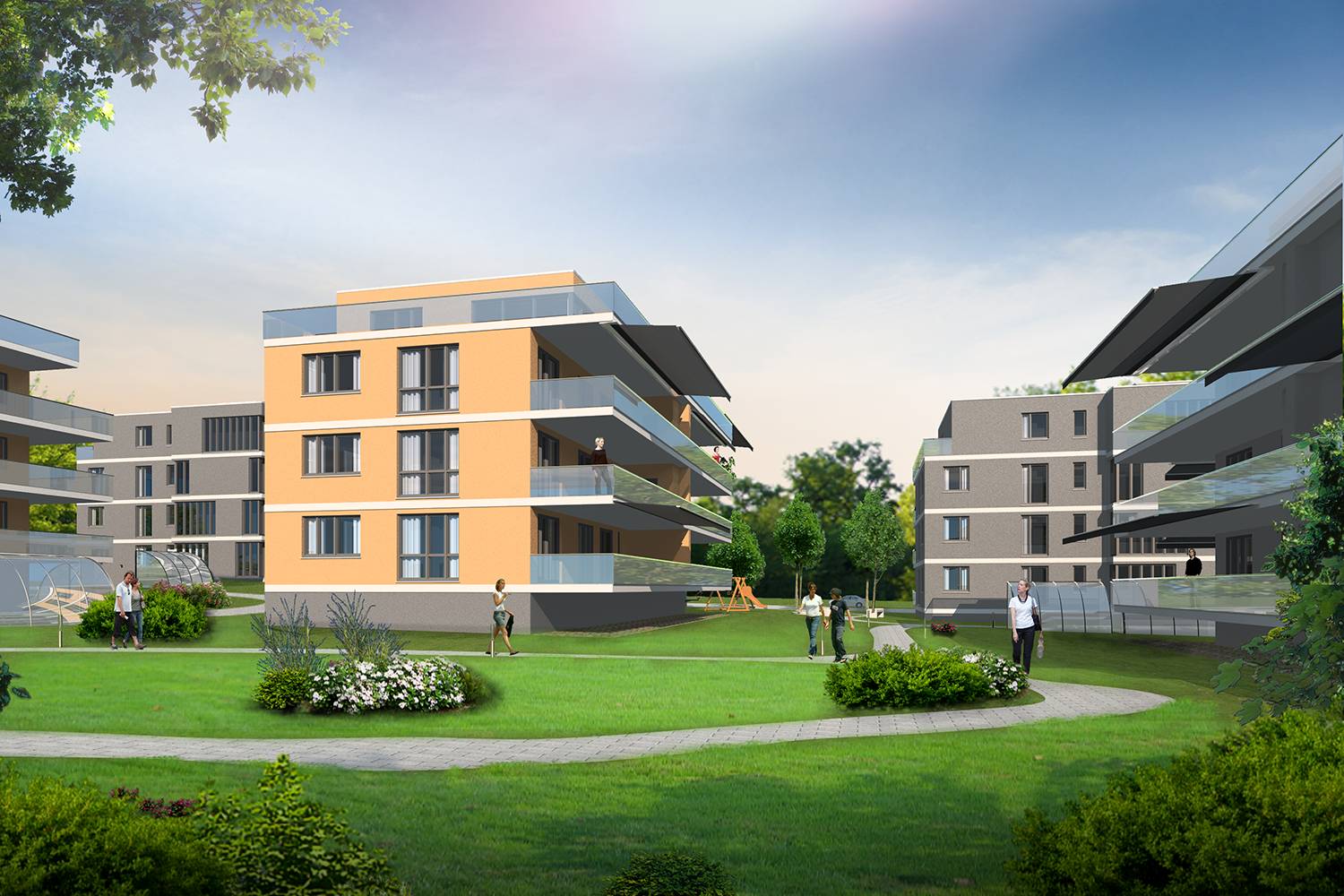 3D-Architekturvisualisierung Teilansicht des Neubaus der Park-Residenz für PW Immobili Sagl in 6600 Muralto / Schweiz (Jahr 2009)