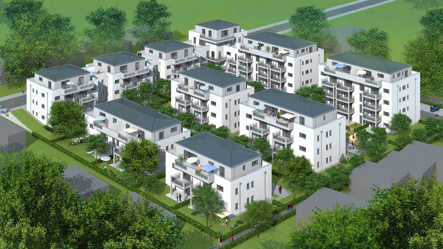 Architekturvisualisierung Übersichtsbild Neubau Wohnanlage für Baugenossenschaft Ober- und Unterschleißheim eG in Alexander-Pachmann-Straße, Unterschleißheim, Oberbayern (Jahr 20123)