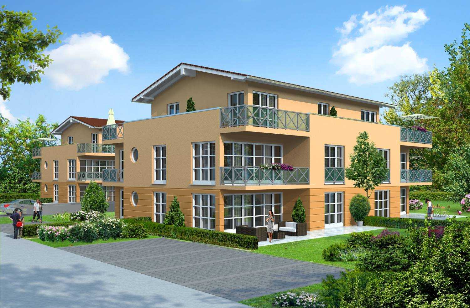 Architekturvisualisierung 3D-Perspektive Neubau einer Wohnanlage bestehend aus 2 Mehrfamilienhäusern für J+G Werbegesellschaft mbH / D-82140 Olching (Jahr 2011)