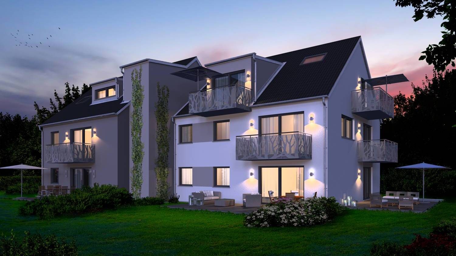 3d-mehrfamilienhaus-architektur-visualisierung nachts