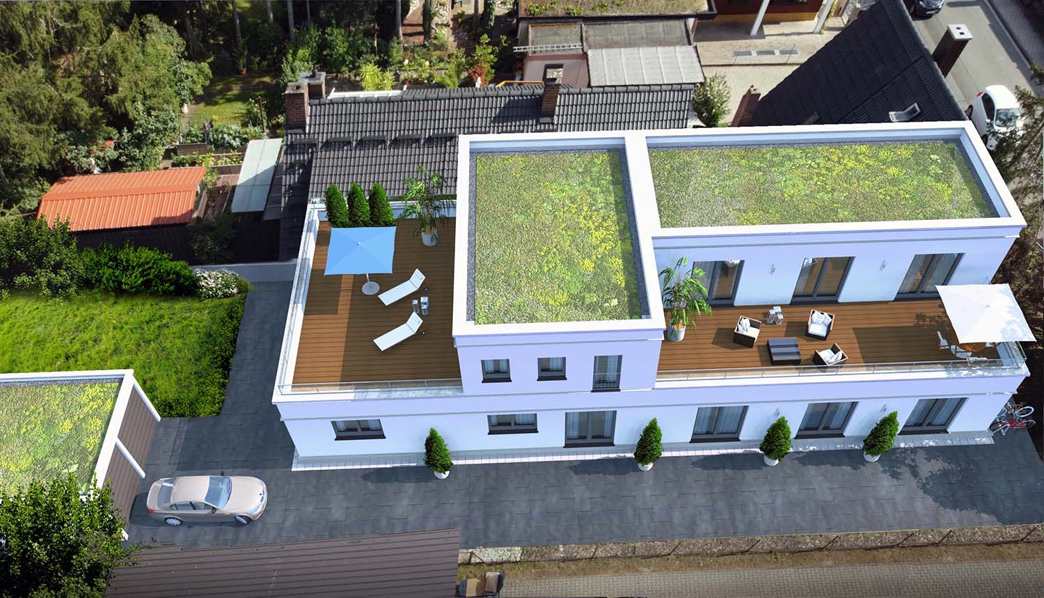 Vorher-Variante eines 3D Architekturrenderings mit Fotomontage eines Bauvorhabens Neubau eines Mehrfamilienhauses in Damaschke Str. 93, Erlangen. Visualisiert für Hypotop Aktiengesellschaft aus 59755 Arnsberg (Jahr 2020). Hier die Vorher-Variante.