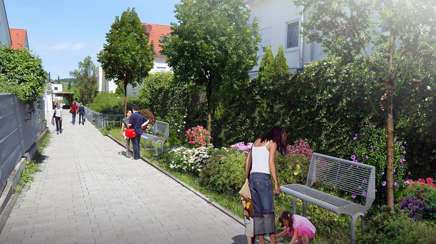 Nachher-Variante einer 3D Architekturvisualsierung inklusive Fotomontage eines Bauvorhabens Neugestaltung eines Grünstreifens in Hildrizhausen. Visualisiert für Eisinger Projektentwicklungsgesellschaft mbH aus 70563 Stuttgart (Jahr 2018). Hier Vorher-Variante.