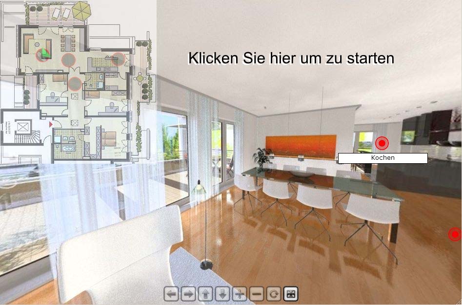 Architektur Visualisierung einer Wohnung als interaktives 360° VR - Panorama mit interaktivem Grundriss und Hotspots.